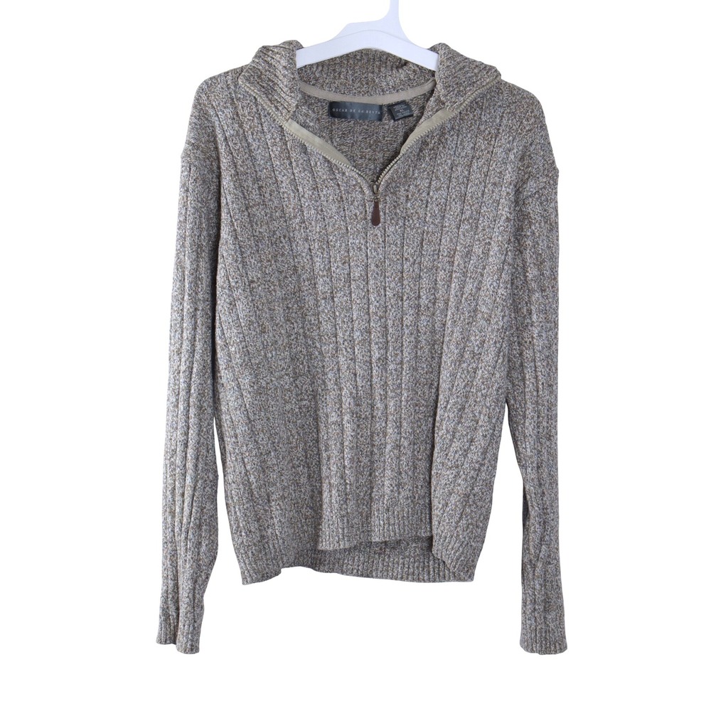 Oscar de la Renta Men XL 1/4 Zip Gray Knit Sweater Grandpa Pullover Ribbed Beige